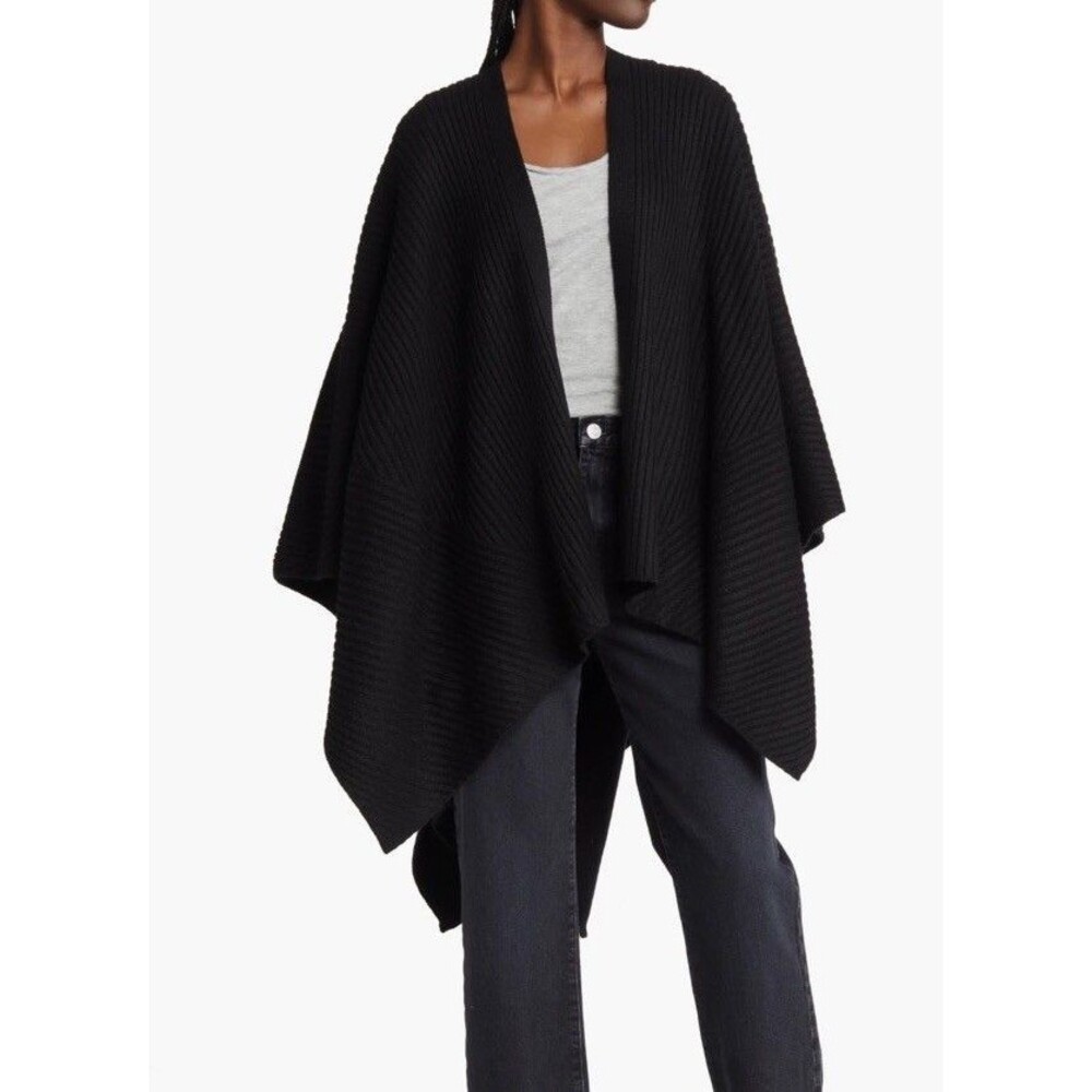 AllSaints Black Traveling Rib Ruana Shawl Wrap Wool Blend OS